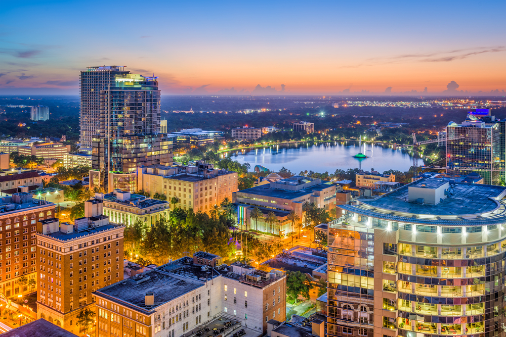 aerial view of a city at evening
