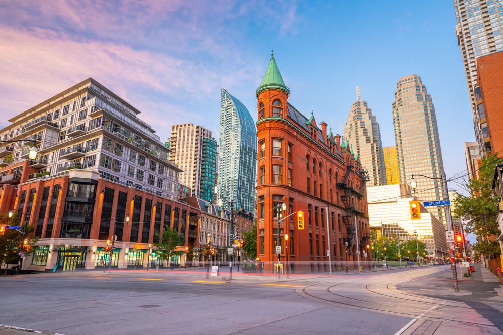 colorful buildings on an intersection fly from Cleveland