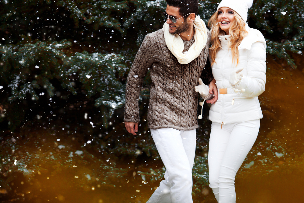 Happy couple near a Christmas tree. Christmas Eve. Midwest winter packing guide