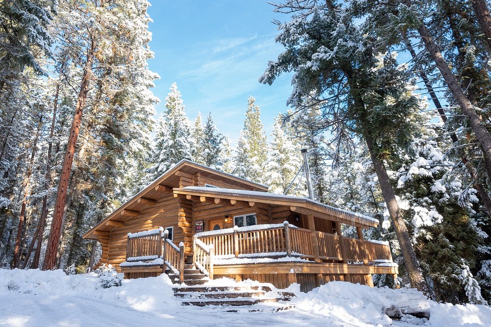 Cabin in the show surrounded by trees. The article is about Romantic Montana getaways