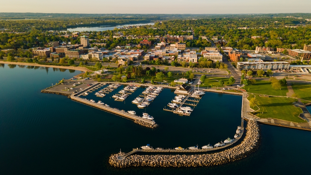 Boat Marina in Grand Traverse Bay, Traverse City Michigan. The article is about spring break in the Midwest.