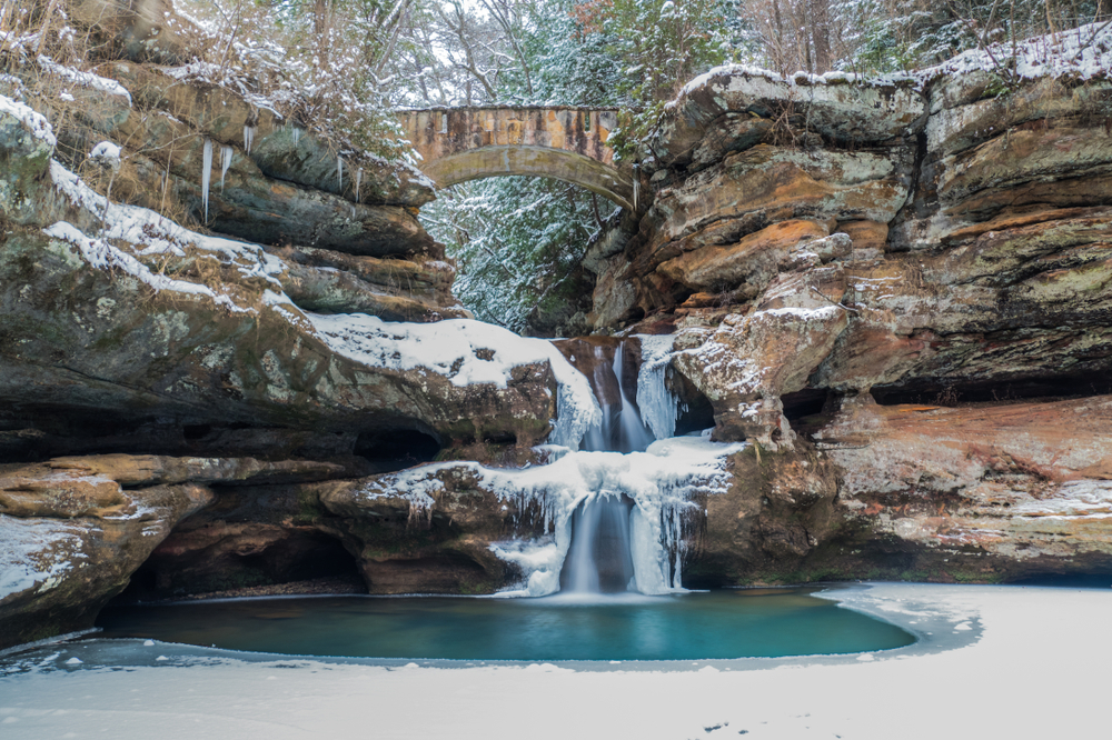 winter waterfall scene at upper falls in hocking hills ohio