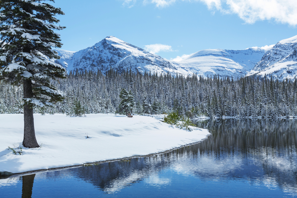 Glacier National Park, Montana Winter. You can see a lake mountains and a forest all covered in snow. The article is about Midwest Winter Road Trips. 
