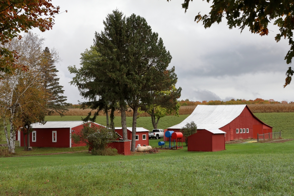Out buildings on Northern Michigan farm. The article is about Northern Michigan Wine Country. 