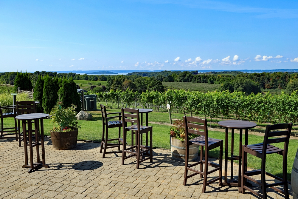 Beautiful vineyards on the Old Mission Peninsula in Northern Michigan, north of Traverse City. there are table and chairs overlooking the bay and vineyard.  