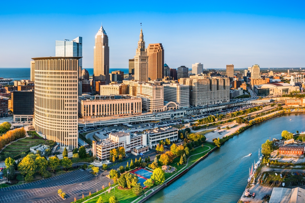 aerial view of a city with a river in between cleveland to buffalo
