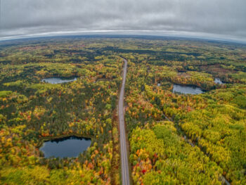 road passing through a forest with lakes during fall season midwest fall scenic drives