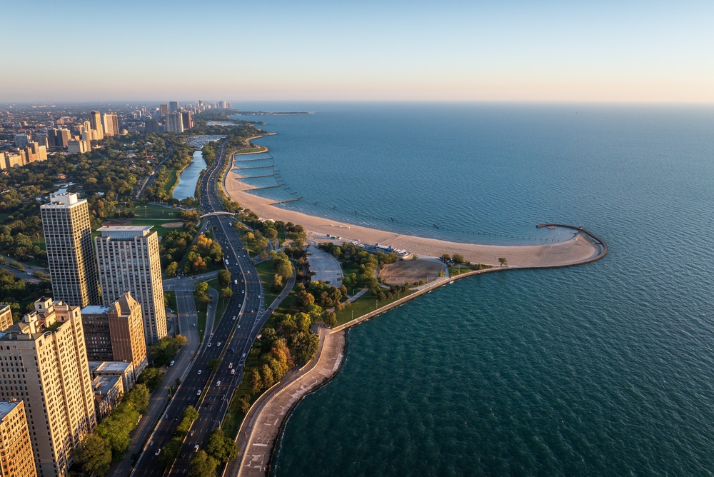 aerial view of the coastal city with a long beach best neighborhoods in chicago