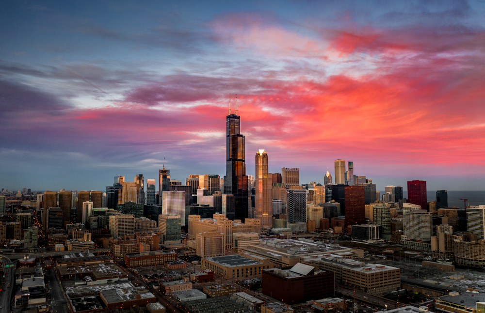 aerial view of the city with sunset colors