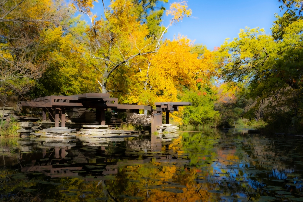 Chicago's Alfred Caldwell Lily Pool in Autumn with a Softened Effect. You can see a structure and the lake. One or the hidden gems in Chicago